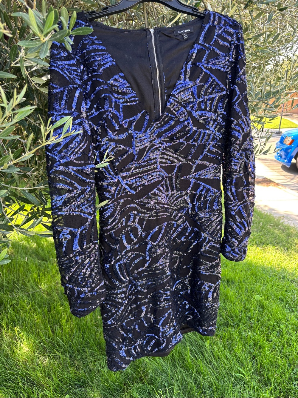 Fashion Nova Black and Blue Sequin V-Neck Long Sleeve Mini Dress